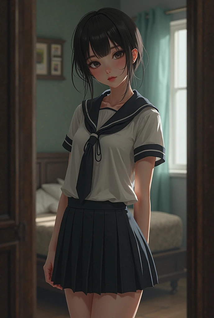 High resolution, Highest quality, super high quality, Very detailed, 8K、(underwear:1.2)、、Embarrassing、Sweaty、Sweat、Embarrassing、(masterpiece:1.2, Highest quality), (Realistic, photoRealistic:1.4), Beautiful illustrations, (Natural Side Lighting, Cinema Lighting), View your audience, whole body, 1 Girl, Japanese, high school girl, Perfect Face, Cute and symmetrical face, Shiny skin, Baby Face, (Low Twintails,Black Hair), Hair between the eyes, black eye, Big eyes, Droopy eyes, (Center of chest, Captivating thighs, Big Ass)、