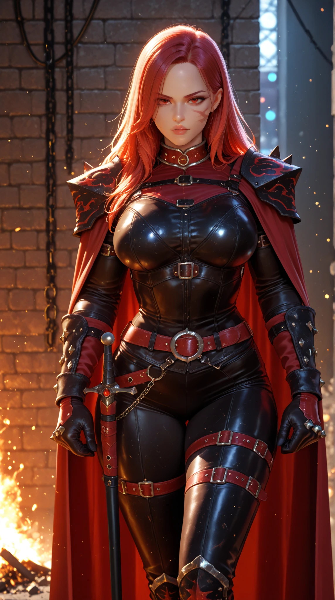 Beautiful Woman, Valkyrie, (Long red hair, braided pig tails), (blue eyes, detailed facial features), (proportional hands, proportional fingers), (silver chainmail, leather armor, fur lined cape, leather pants, detailed viking art), (viking ship background),