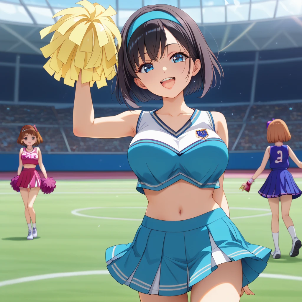 masterpiece, best quality, highly detailed, ultra high res, ayase arisa, 3girls, (mutiple girls), hair ornament, twintails, curly hair, side ponytail, glossy lips, cheerleader, pink thigh highs, looking at viewer, school field, medium breasts, halter top,
