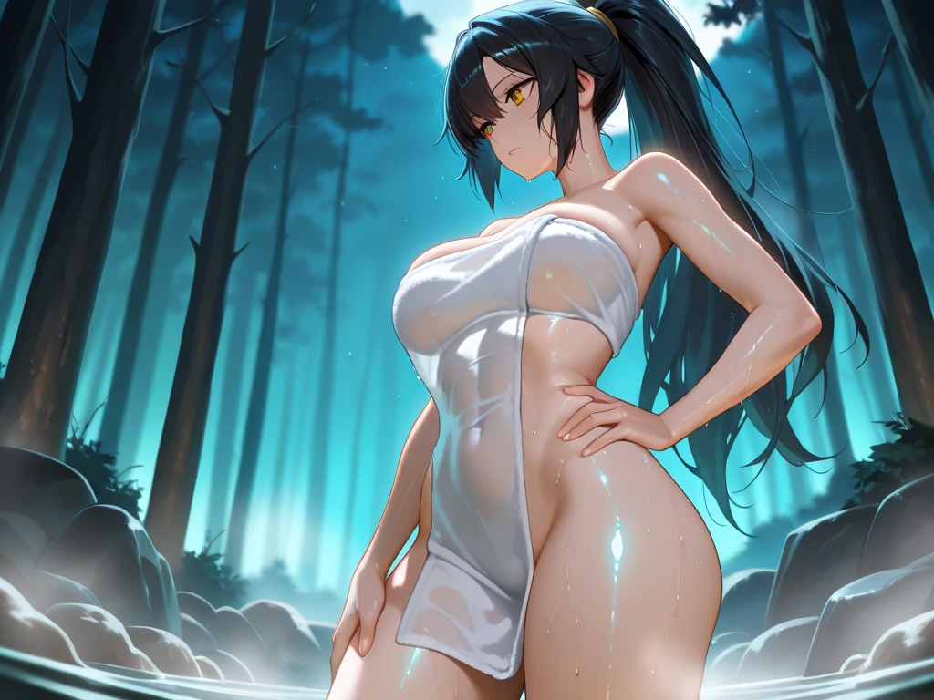 A woman wearing a white bath towel and headphones、Big Breasts、sexy、Moonlight、Unbuttoned、Downlight、full moon、Japanese-style open-air bath interior、Open-air bath in the forest、Butt、Beautiful buttocks、Plump、Sideboob、Half naked