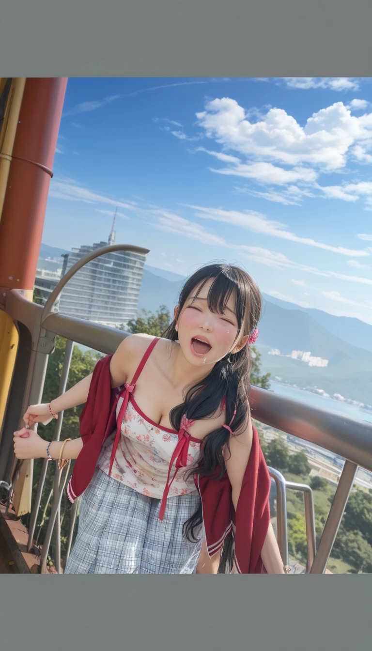 Identical twin sisters hugging、16 years old、,an(8K、Live Shooting、highest quality、masterpiece:1.2)、Super detailed、Super Resolution、(Hyper Reality、)Super detailed、Super Resolution、(Real、Actual Photos:1.47)、 exhilarating roofsuperior selfie of a confident woman with black hair in a long,She is beaming as she looks out over the city below.. This high angle,Fisheye shot of her in her climbing outfit、Emphasizing the spaghetti straps **** superior,Climbing Pants,A glimpse of the distant sea、This aerial portrait is complete..,