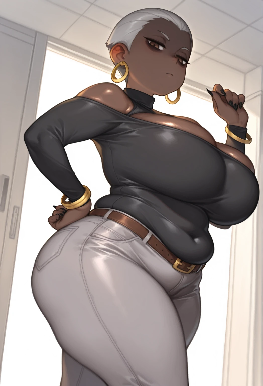 Anime Milf, sexy, black skin, exaggeratedly huge tits, giant hips ,huge thighs, thin waist