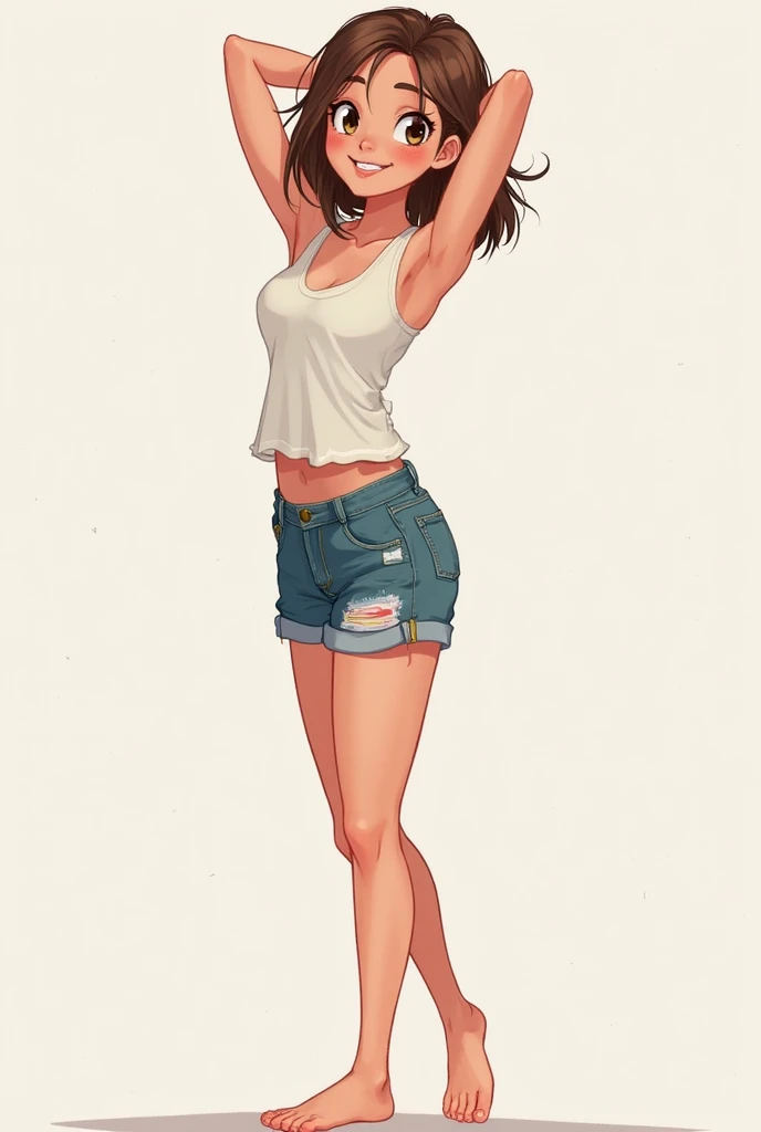 comic style, drawing by Milo Manara. Erotic, suggestive, a standing woman, with one leg bent, raised, as if dancing, legs apart, purple panties, a long white tank top with white buttons and no sleeves, She looks like Kristen Stewart but very thin, very thin, very small breasts, with very light brown eyes, with a thin nose and square jaw, big teeth, big gums. The woman is very thin, whole body, long and beautiful legs, cute and beautiful feet, his skin is quite dark, very tanned, Wavy brown hair tied up in a bun