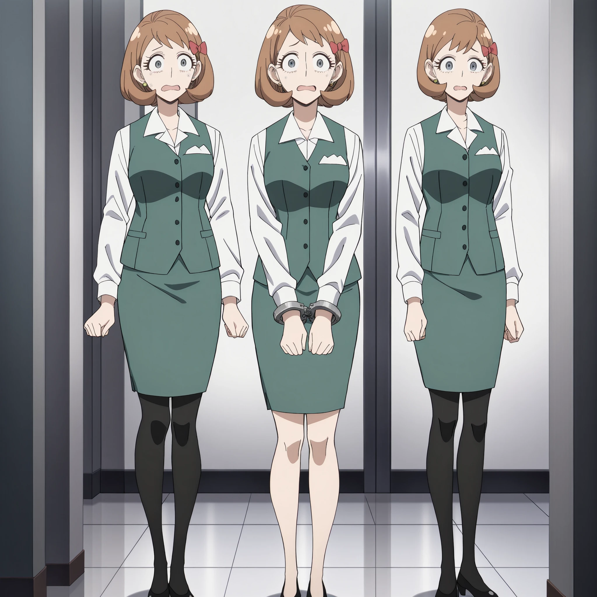 millie myers, millie (spy x family), short hair, bangs, blue eyes, brown hair, hair bow, grey eyes, eyelashes, mature female, medium breasts, anime screencap,
collared shirt, white shirt, green vest, green skirt, long sleeves, cops, captured, full body, scared expression, Handcuffed, office, (Best Quality)