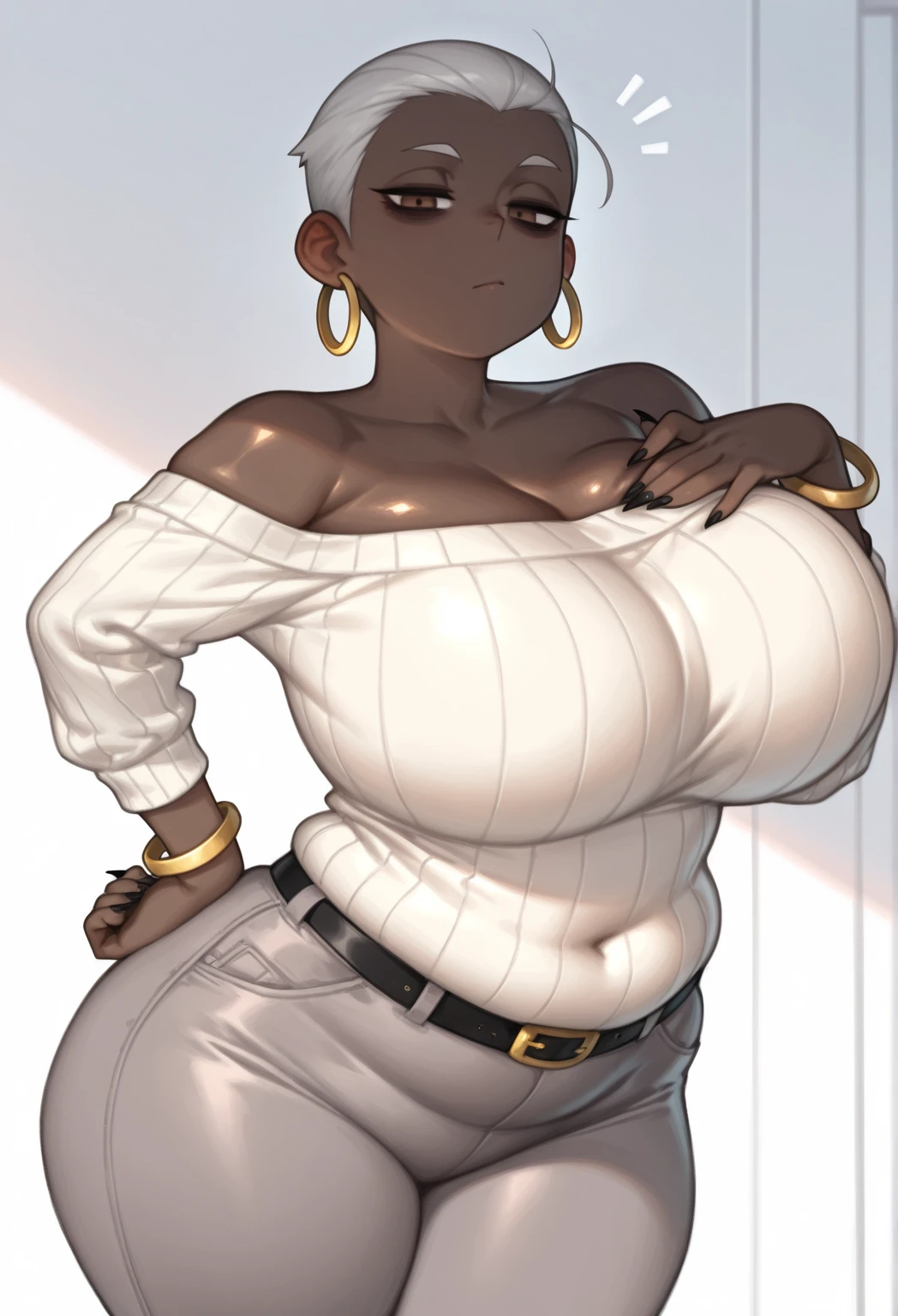 ewelry, thick thighs, wide hips, black lips, bald,bald, bald small breast, milf, yellow eyes, white blank background, mature,black fingernails, mother, perky breasts, tomboy, ebony skin, luxury, tattoos, strong, muscular, fishnet, empress gold design, open dress, seductive fur, face tattoo, queen, royalty, plus size model