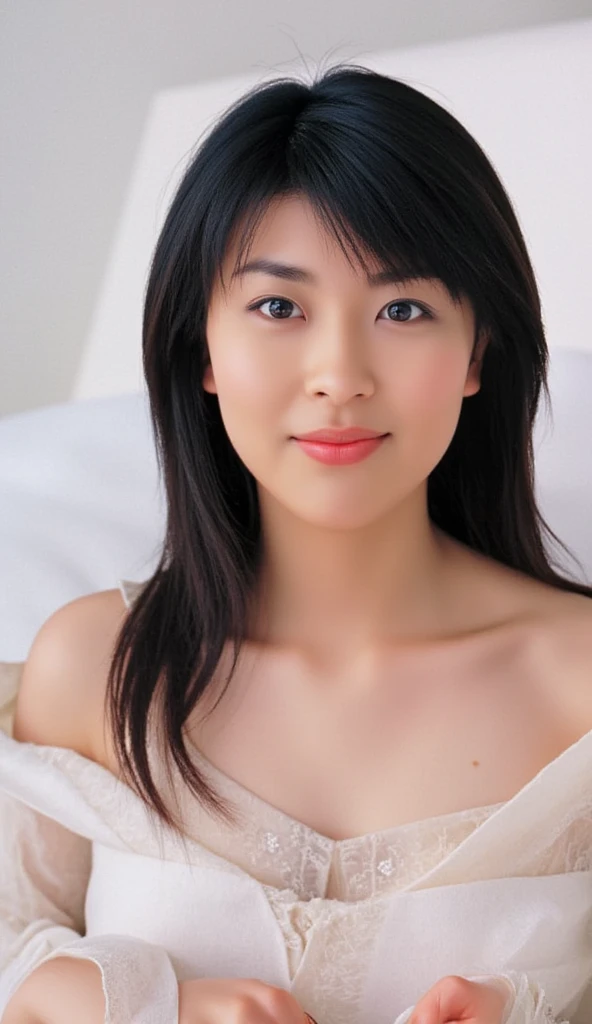 23 year old woman, asian woman, smooth skin, shoulder length brown hair, bright azure eyes, thin eyebrows, fair skin, blushing cheeks, perfect body, small breasts, white strapless bra, castle hallway, eye contact, seductive smile, high detail, feminine facial features, slim, slender, high resolution, real girl, realism, realistic, soft lighting