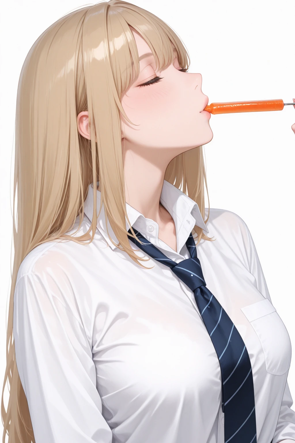 masterpiece, best quality, highres,Very Aesthetic,1girl,Wet pink and white sexy lips,eating banana,blush,bowtie,blonde hair,breasts,long hair,pink hair,pleated skirt,shirt tucked in,short hair,skirt,tented shirt,cafe
