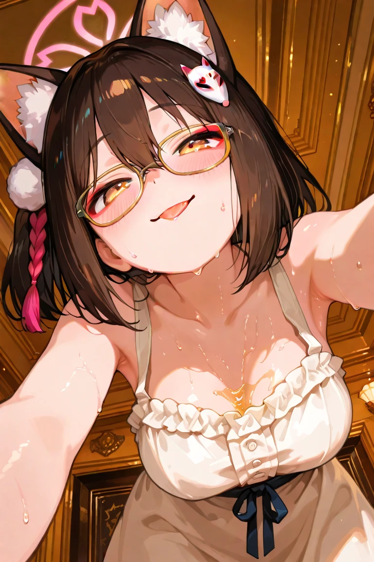 aozakito, 1girl, solo, glasses, dangerousbeast, elbow gloves, gloves, wolf tail, closed eyes, cleavage, smile, blush, paw pose