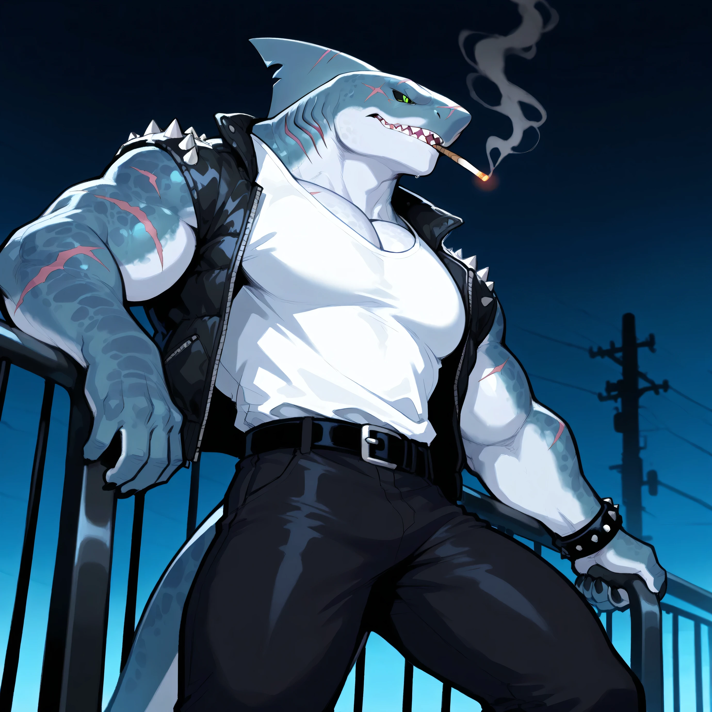 masterpiece, best quality, night Alleys, solo, male, deepblue shark, sharkman, black sclera, green eye, Muscle, wide chest, beefy, thick scales on arms, fins on arms, scar on one's nose, bulky body, big tail, white shirt, black belt, black padded jacket, black leather bracelet, bad boy, from below the side, smoking, Place one arm on the iron railing and smoke with the other arm.