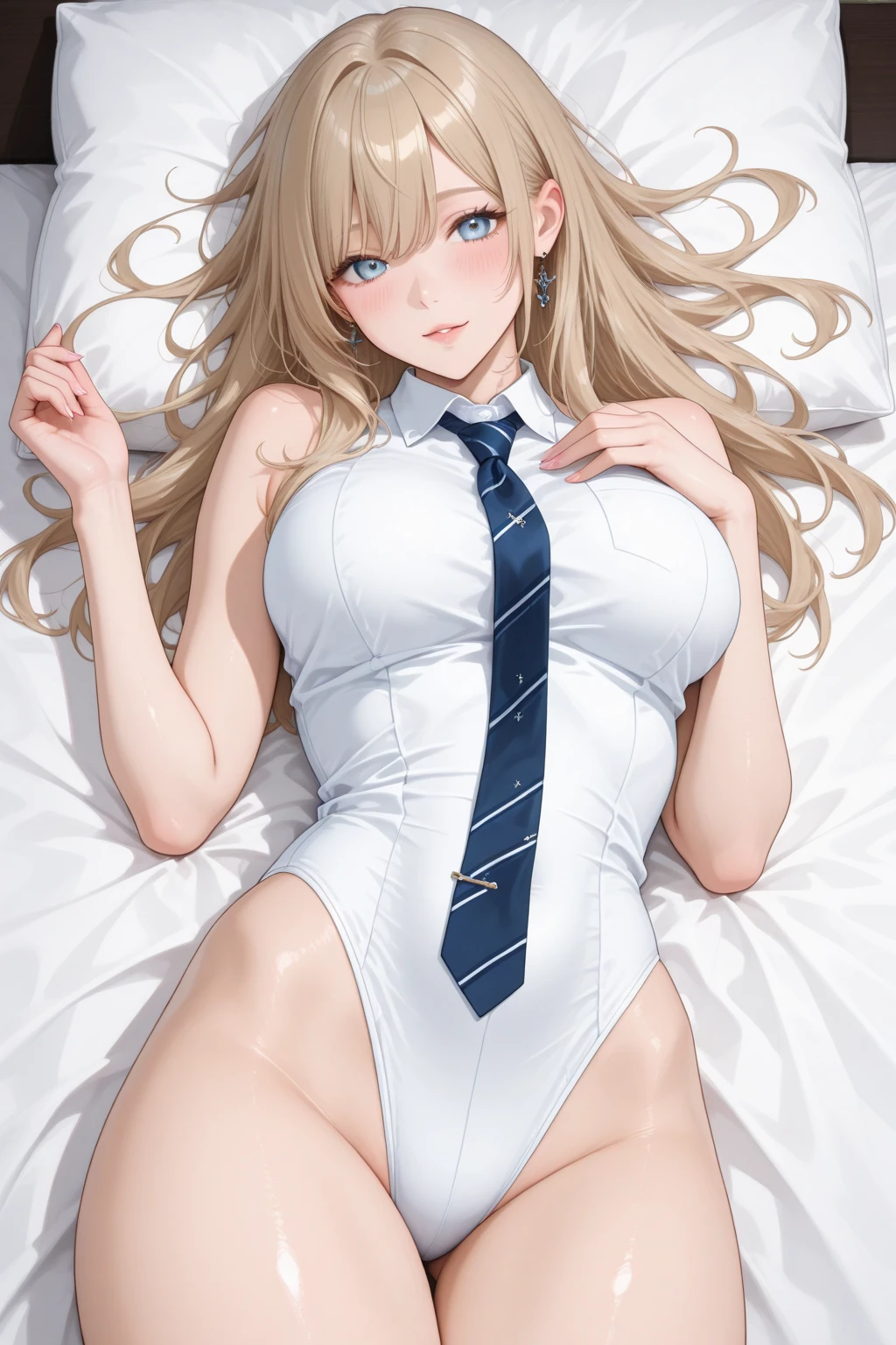 (masterpiece, best quality) detailed, Wearing black tights, silver accessories , blonde ,elegant, pointed ears ,Chinese element pattern,White shirt,torn clothes,Deep V one-piece swimsuit