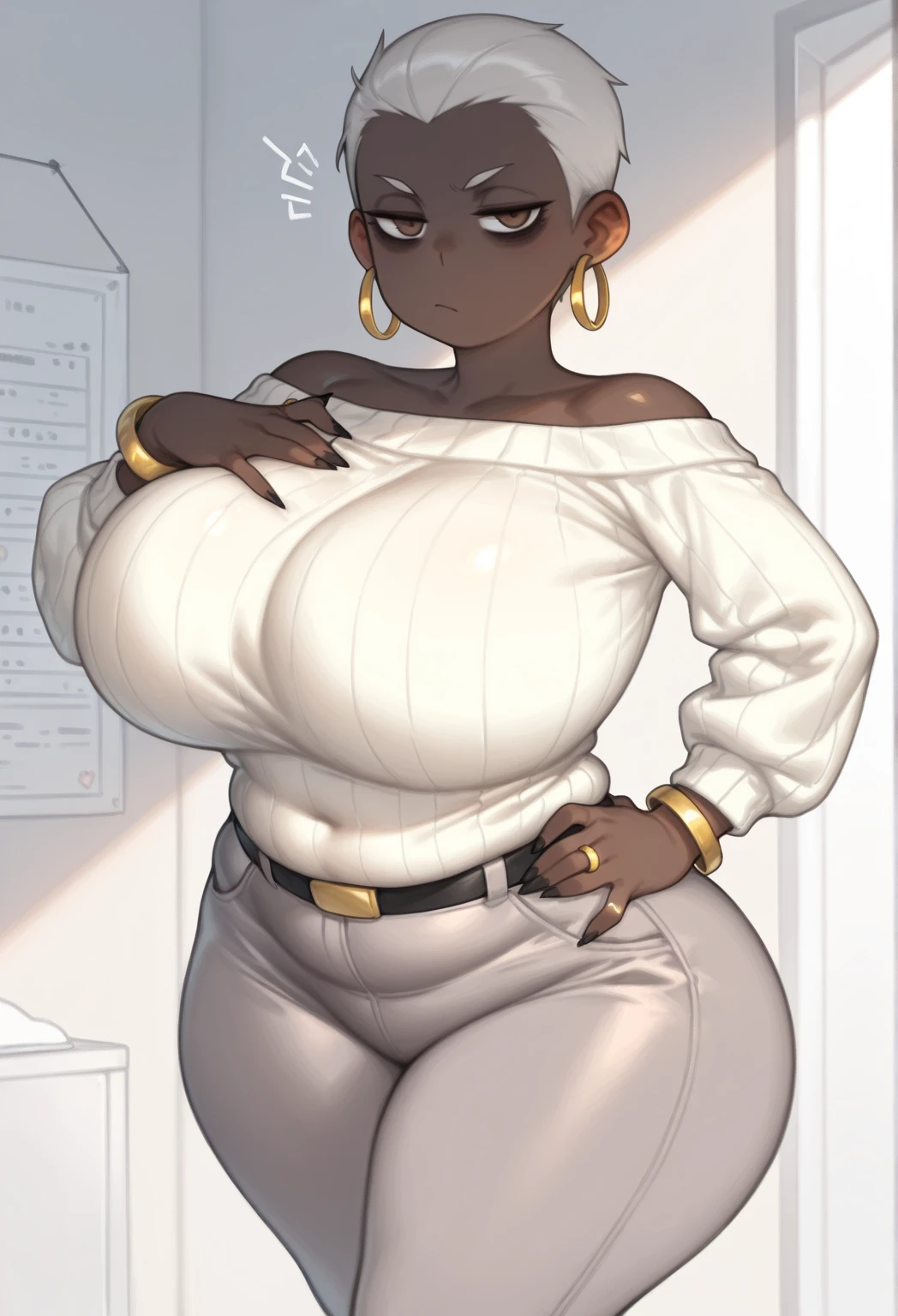 plus size model, jewelry, thick thighs, wide hips, black lips, mom short black hair, gigantic breast, milf, yellow eyes, black dark background, mature,black fingernails, mother, enormous breasts, tomboy, ebony skin,white leggings