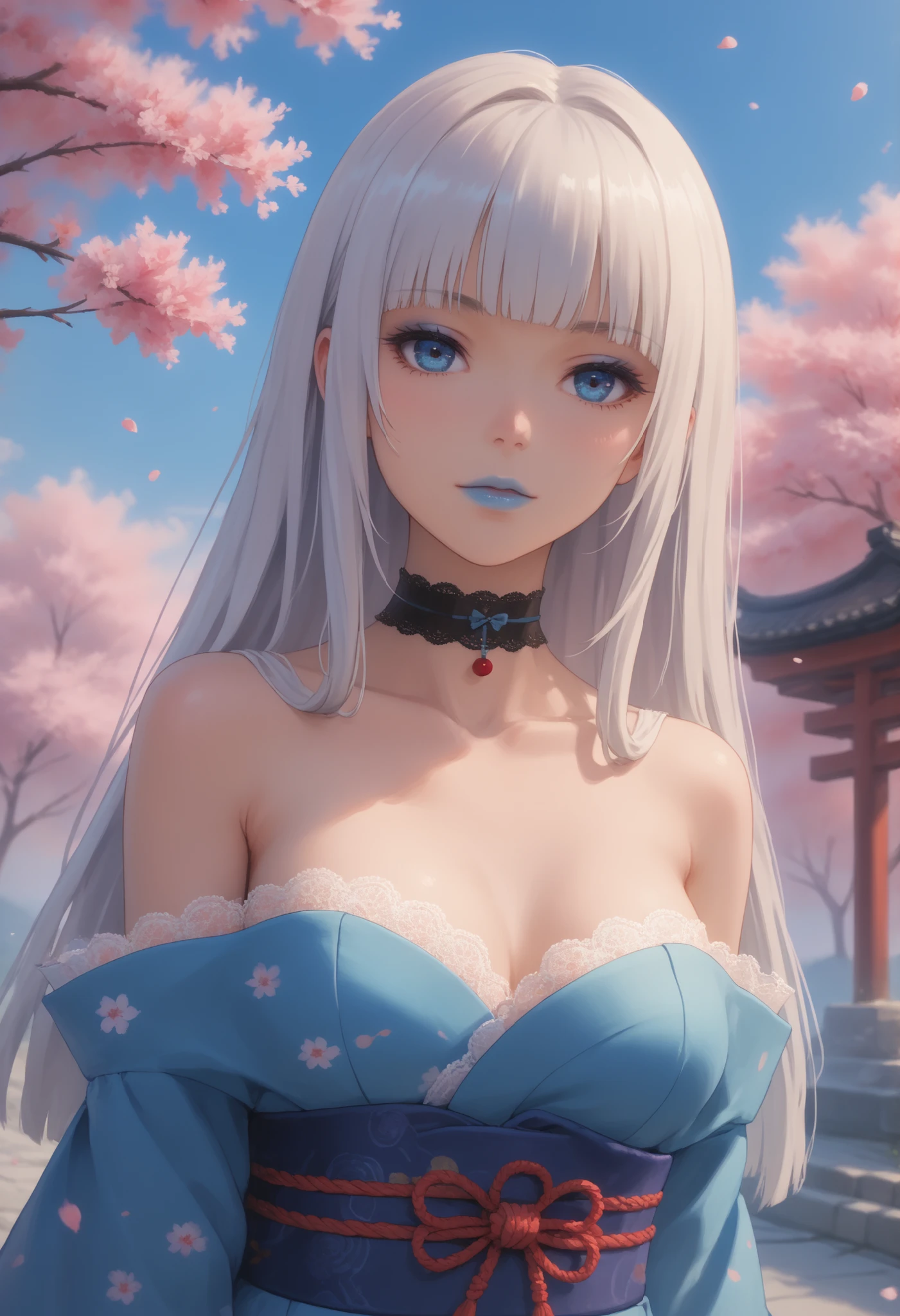 kirari momobami, long hair, white hair, hime cut, big blue eyes, highly detailed face, glossy detailed lips, blue lipstick, blunt bangs, eyeshadow, medium sized breasts, cleaveage, exposed shoulders, collarbone, choker, highly detailed clothing, japanese clothes, kimono with long flowing sleeves, lace bra (strapless), stood, dynamic angle, view from below, dynamic background, traditional Japanese garden, cherry blossoms, sakura, cherry blossom trees, blue sky , stunning 8k quality, masterpiece, vivid colors, arms and hands behind back, leaning slightly, slight head tilt 