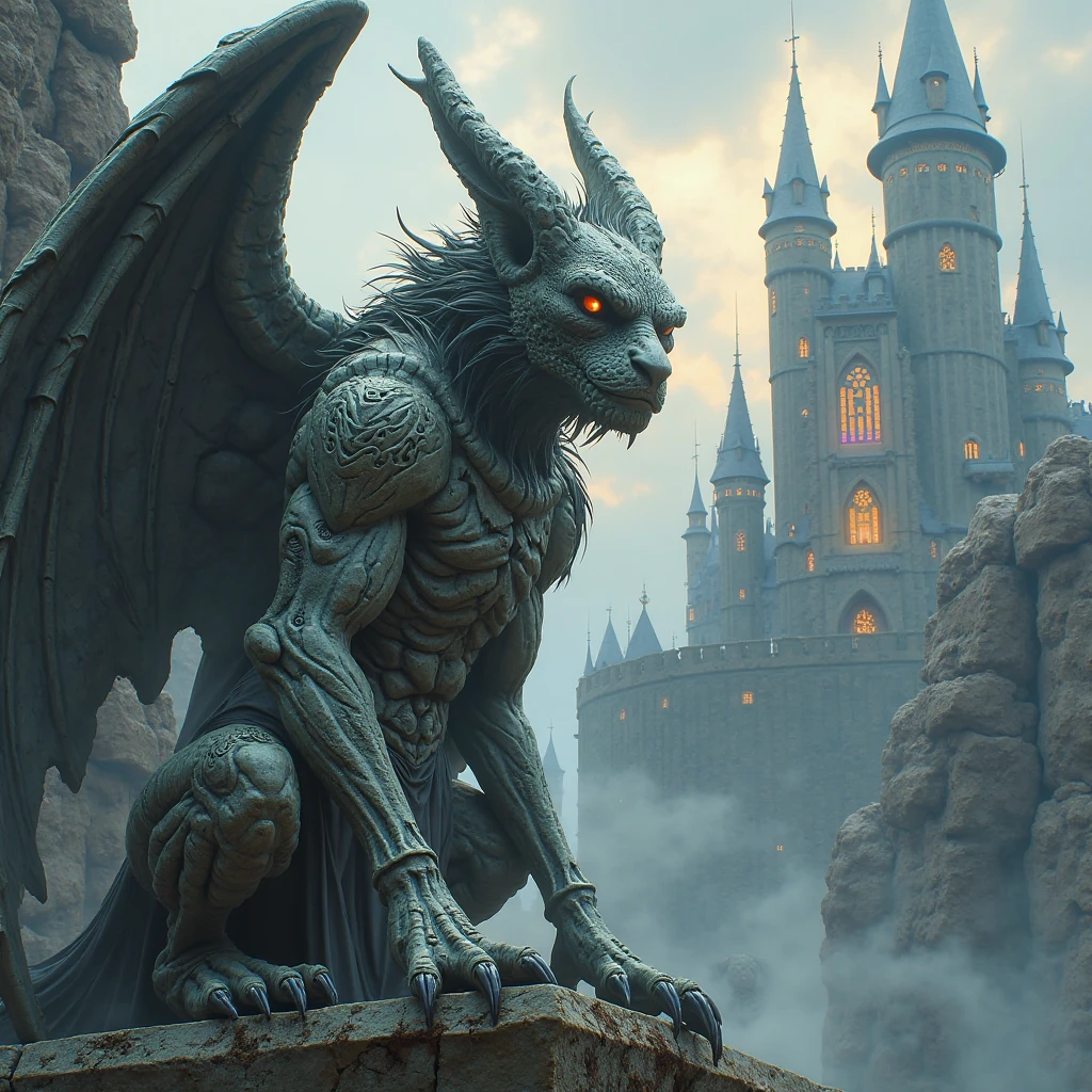 (best quality, highres), stone gargoyle, meditating, on top of the Notre Dame, gloomy atmosphere, in the rain, dark night, lightning and thunder, perched on a ledge, dim light, guardian, monastery