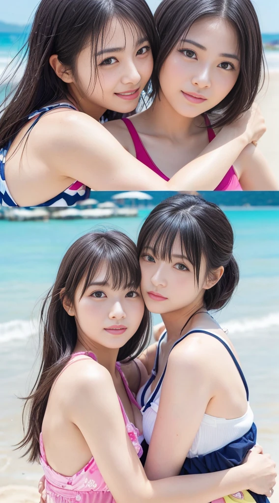 Very detailedな CG Unity 8k 壁紙, highest quality, Very detailed, masterpiece, Realistic, Realistic, Very detailedな日本のかわいい女の子, (18Year), blush, Round eyes, Thick eyebrows chest, Semi Body Shot, High-resolution RAW color photos, Professional photos, Portrait of sexy girl、Anatomically correct body shape、Healthy body shape、Brown short hair、smile、Micro Bikini、Beach volleyball player、Write your hair、Front view、Wearing a jersey jacket、Show your side、Wet Skin、Wet Hair、Avoid the same pose、Twin girls、Selfie for 2 people