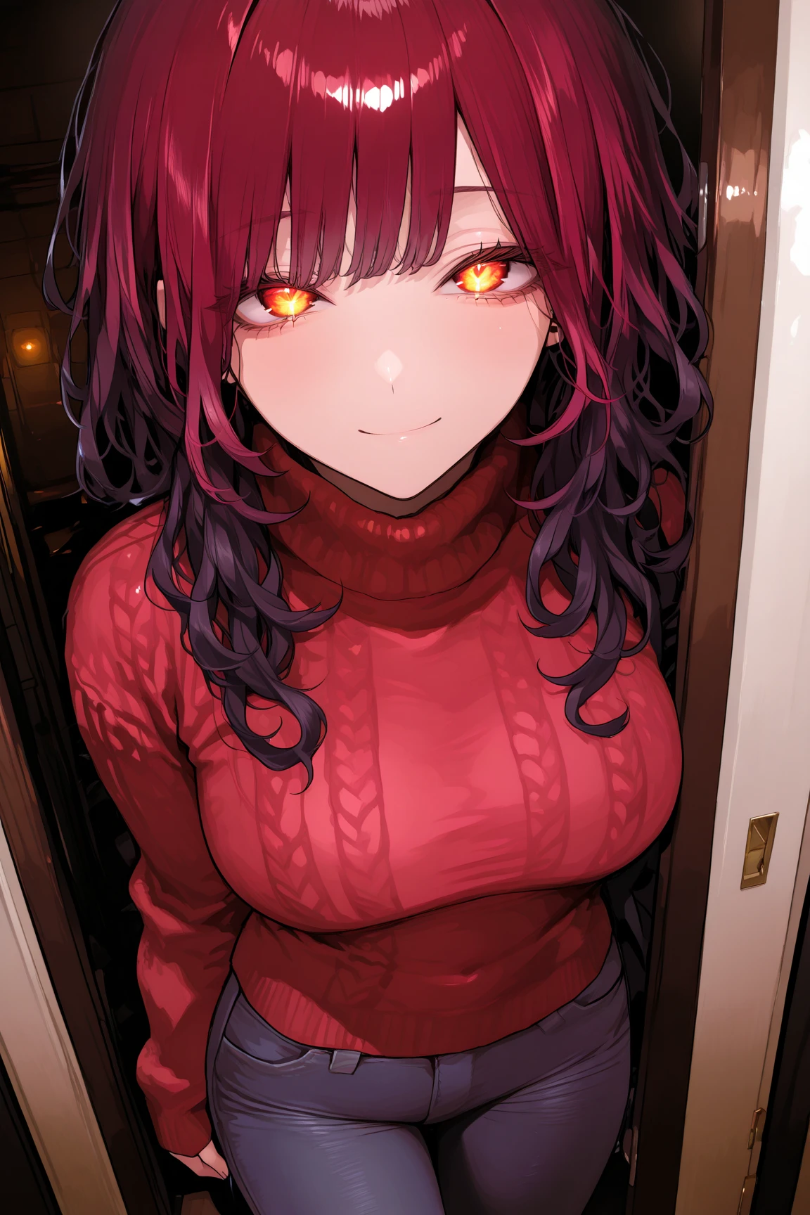 (masterpiece,4k,high quality,delicated background), 1girl, solo, gasai yuno, long hair, (red eyes:1.5), pink hair, smile, low twintails, (large breasts:1.5), (long sleeved black hoodie:1.5), (under boob:1.3), red eye (black jeans:1.5), black lace high boots, blood splatter, blood stain, blood stained clothes, (crazy expression,crazy eyes,crazy smile), Choker with Buckle,