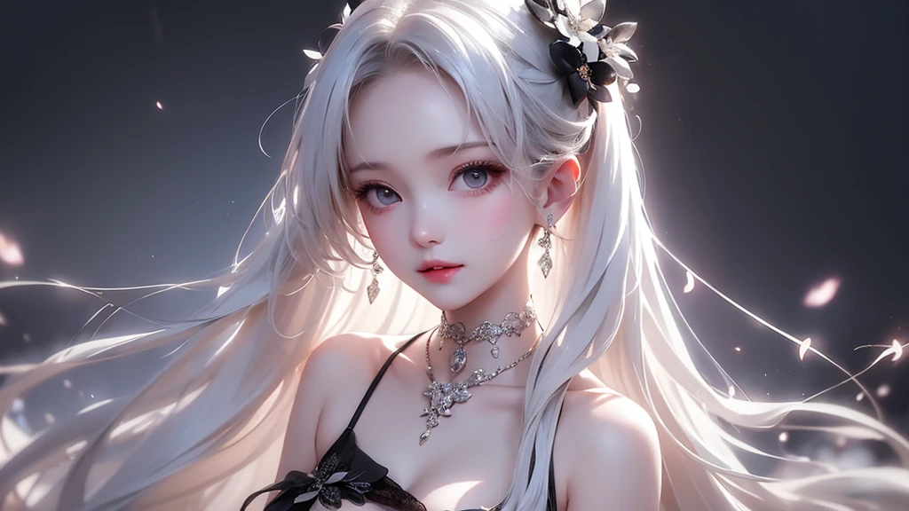 1 girl, solo, like a jewel, White Black Hair, choker necklace, red lip, long white hair, lipstick, cosmetics, upper part of the body, shut your mouth, black dress, hair above one eye,a little cleavage, clavicle, skirt,Black Themes,bad girl,glowing skin,(mature woman),elegant, Match the form, nvinkpunk Face Close-up Portrait (((Aspiring))), soft soft skin, Magic Big Eyes, Beautiful and Stylish Hair Dye, Symmetry, soft lighting, detailed face, Shenhaicheng, author:Stanley Artemiz Liu, Ampoule, Loss Drawing, concept art, digital painting, look up at the camera