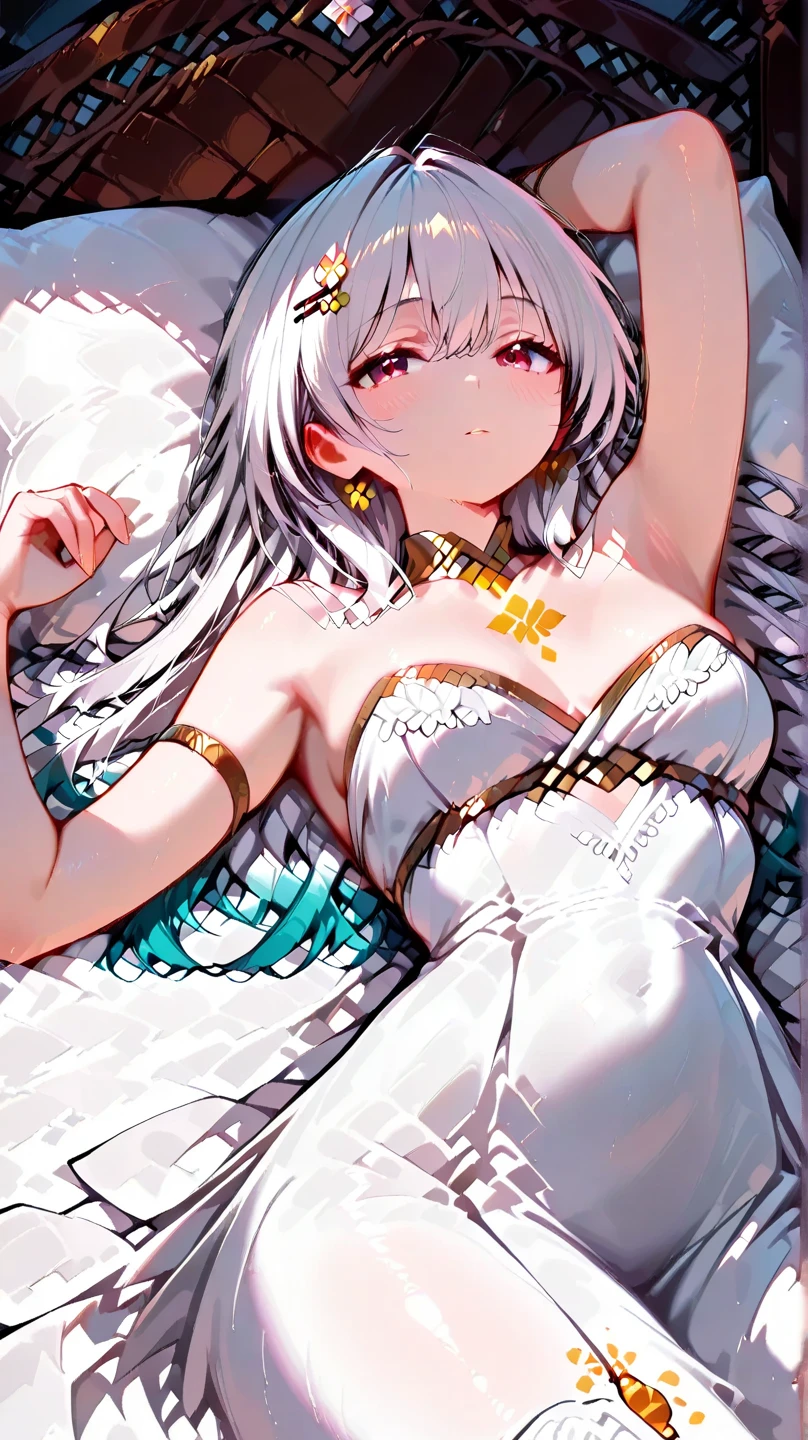 1girl,indoor,on the bed,looking_at_viewer,<lora:add_detail:0.5>,breasts,solo,(looking at viewer:1.1),hair ornament,dutch angle,white hair,feather hair ornament,dress,jewelry,earrings,feathers,medium breasts,white dress,sleeping,leaning_to_the_side,lying,