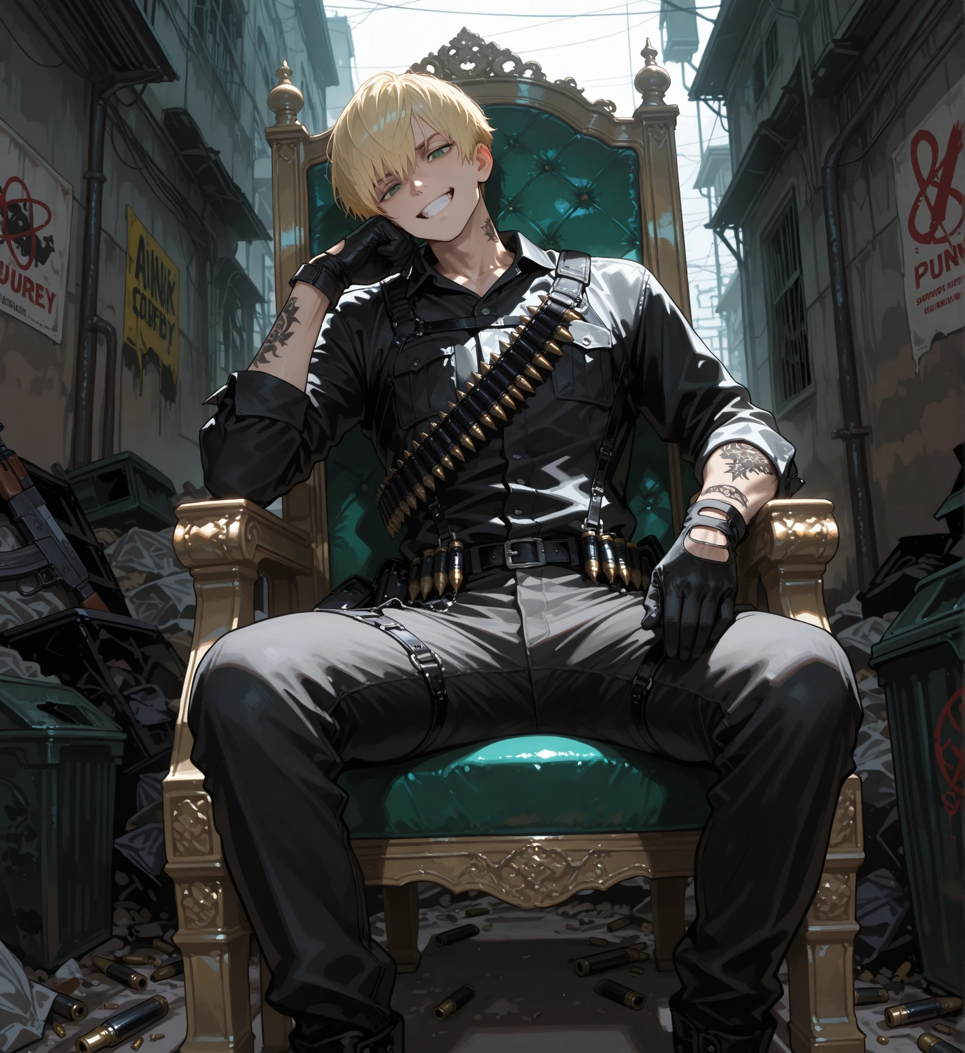 1 man,has short blonde hair, green eyes on the throne, and a confident and sexy bad laugh,cool boy,Unisex beauty, wearing punk-style black clothes, Tattoo, Carrying AK47,Masculine pose, Ammunition belt, and gloves, abandoned street background,Surrounded by trash, (Best quality, 8,000,high resolution,),super detailed,),HDR,physically-based rendering,extremely detailed description,Professional,Complementary colors,anime style