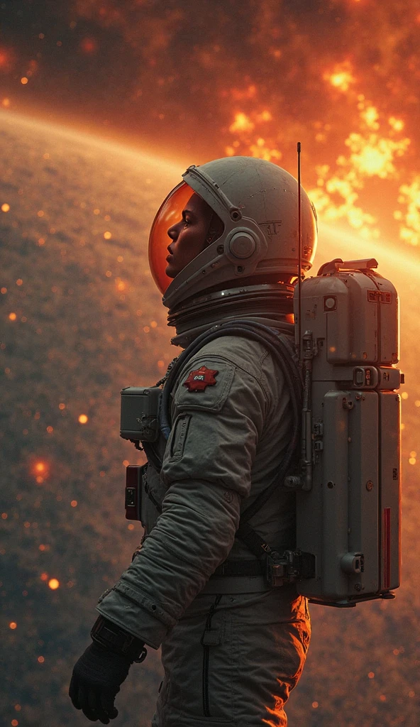 ((ultra real detailed.The astronaut) (Masterpiece, Top quality, Best quality, offcial art, Beauty and aesthetics: 1.2), Very detailed, Colorful, Most detailed, branches, The astronaut, (Mards)The astronaut(canyons), (Linen future spacesuit), Angry fighting stance, looking at the ground, Batik linen bandana,Astronaut Canyon(Abstract propylene splash:1.2), Dark clouds lightning background,Sprinkle with gold dust(realisticlying:1.4),Black color hair,starryskybackground, A high resolution, the detail, RAW photogr, Sharp Re, Nikon D850 Film Stock Photo by Jefferies Lee 4 Kodak Portra 400 Camera F1.6 shots, Rich colors, ultra-realistic vivid textures, Dramatic lighting, Unreal Engine Art Station Trend, cinestir 800,Snowflakes fluttering,(((Mards)))