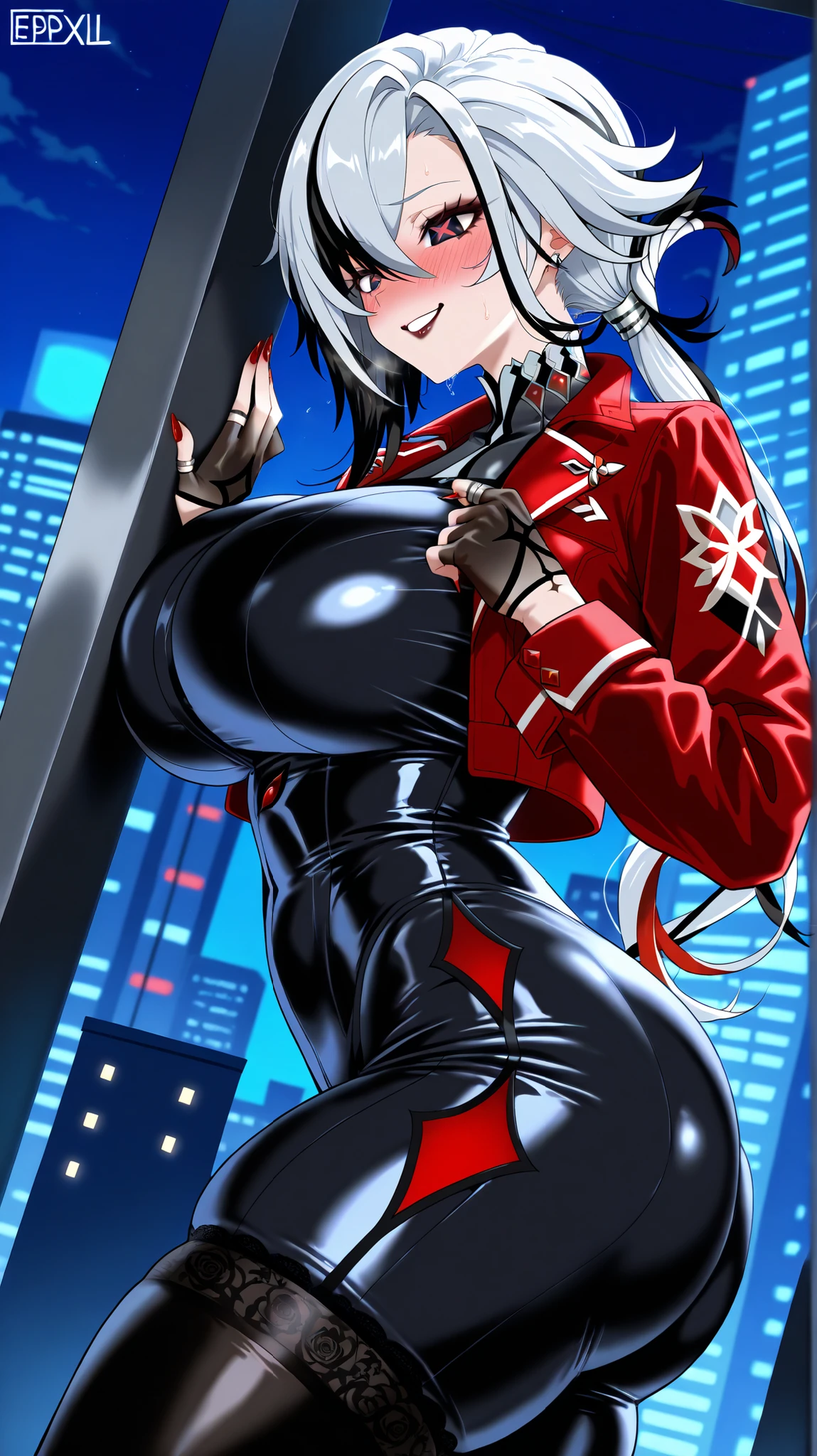 (highest quality:1.2,evil lady, anime artwork, Very detailed, High Detail, digital coloring, High Contrast, masterpiece:1.2, highest quality, Best aesthetics), 8k,masterpiece, cute,tall,beautiful,best quality, 1lady,black hair,long hair,empty eyes, (finely detailed empty pupils and detailed face),,,,extremely detailed cg unity 8k wallpaper,solo,(latex military costume:0.9),large breasts,seductive smile,military hat,latex thighhigh,large breasts,black hair,pink eyes,pink leotard,pantyhose,military coat,enamel suits,grossy lips,sitting,,sadistic smile,,heel,shiny skin,military coat,detailed face,beautiful body,full-body,adult,leotard