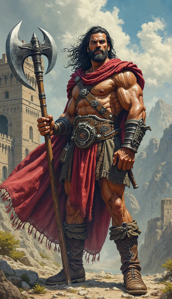 another worldの英雄の全身ショットの肖像画, carry a large ornamental sword, A fearless warrior with a fierce gaze, One eye is closed due to a sword wound., wearing an old crimson headband. High-quality illustrations that give a sense of mystery and strength, and bold brushstrokes add even more power, The weathered faces of the warriors、tell the story of the battles and hardships endured, The determination emanating from their unique presence、Makes the viewer think deeply。, The fine background details are amazingly beautiful., another world, Exotic lands, dark fantasy atmosphere, Cool cinematic lighting and nature, bold, rich color details, (((perfect anatomy:1.3))),