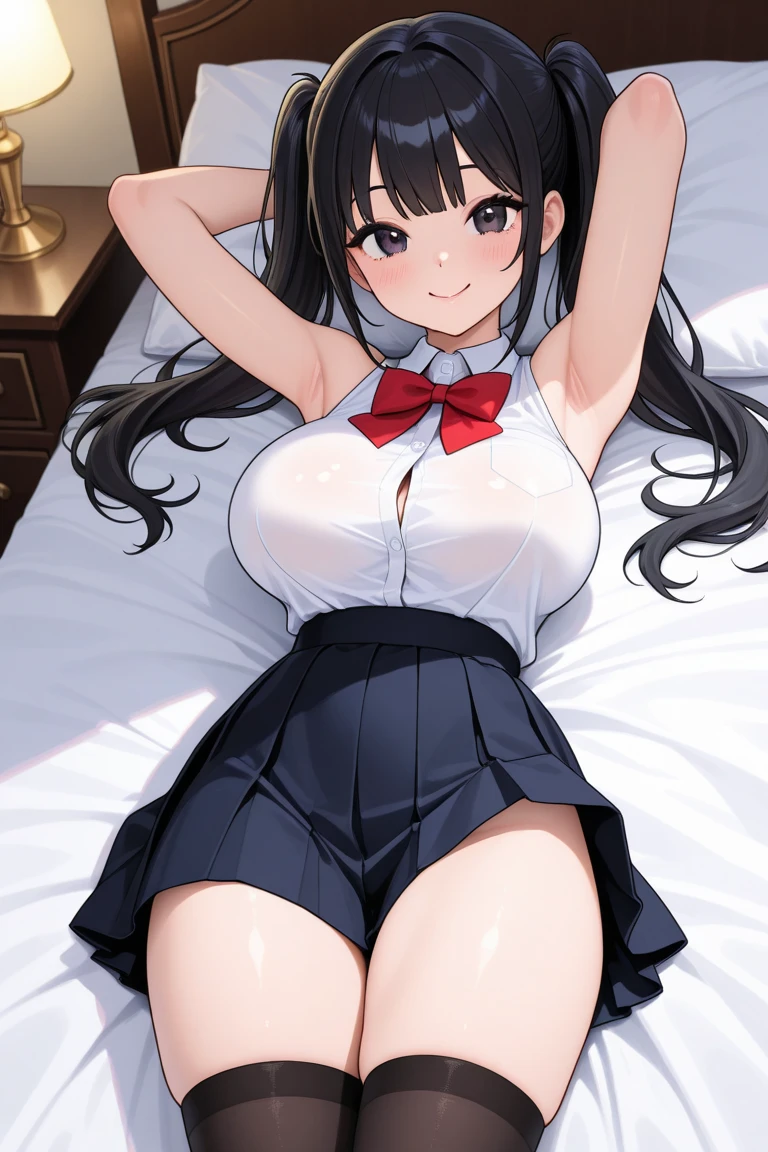 In her room, the open window curtain overlooking the park, pink walls, a chandelier on the ceiling, bed in the back with pink sheets, sitting cross-legged on a fine wooden chair, beautiful and lonely schoolgirl, sexi, shapely legs, beautiful hips, big chest, slender hourglass body, serious look, beautiful gradient, Full body, Beautiful anime style girl, clean detailed facesKawaii, anime girl, dynamic pose, (school uniform: grey V-neck blouse with lace and neckline, black mini-skirt with pleats and butterfly patterns, white knee-high stockings with diamond patterns, red bow tie), massive chest, full body, hyperdetailed triadic colors, intricate detail, complementary colors, concept art based on the art of Range Murata, 8k resolution, heavy strokes, dynamic light source,