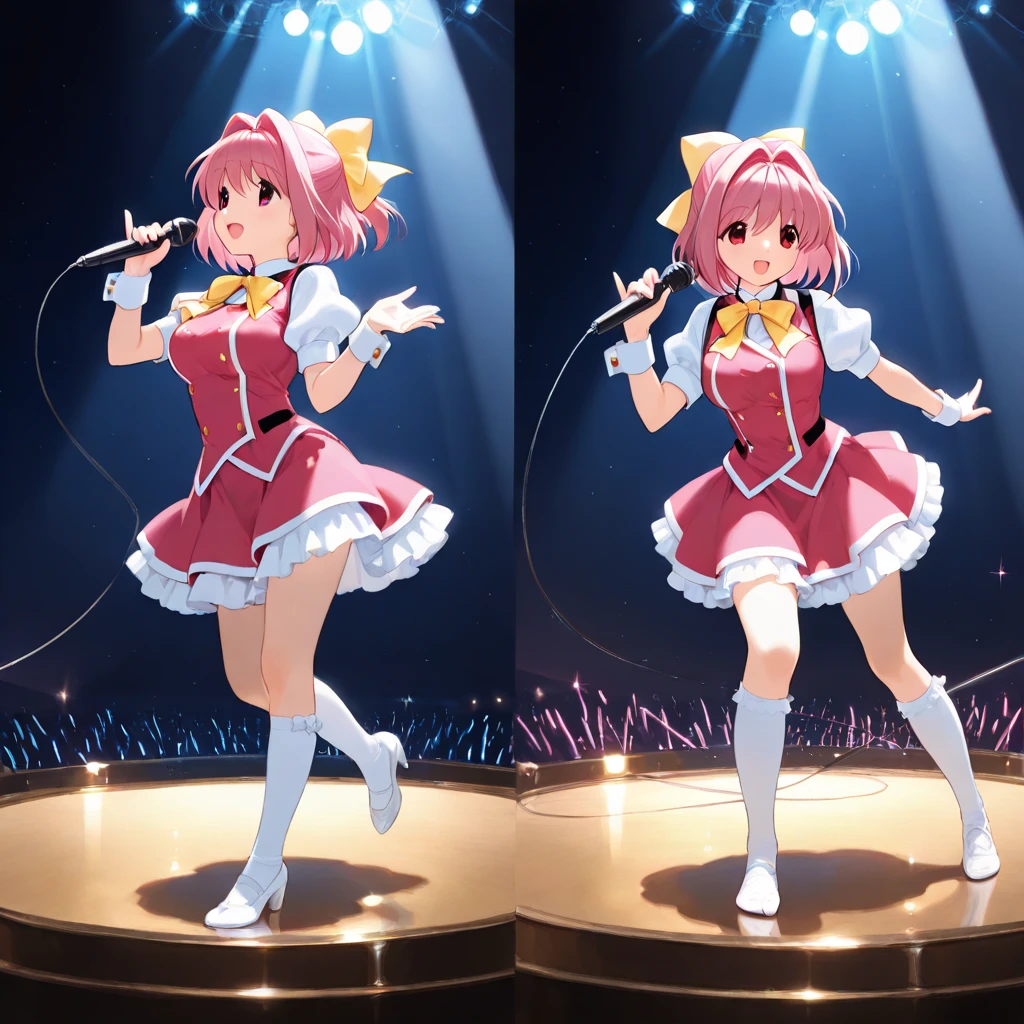 Magical giel、Primary school students、Young girl、、height: 130cm、Short Hair、Shortcuts、boyish、Circlet、tiara、Character portrait、Standing with your legs apart、Karate stance、Martial Arts、spats、ホットpants、pants、Magical Girl Costume、Red clothes、Red Hair、Red eyes、Fighting gloves on hands
