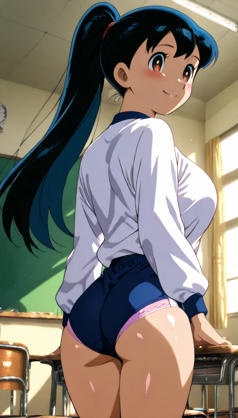 1girl, tsushima yoshiko, love live!, solo, from behind, sailor suit, dark blue collar, white shirts, short sleeve, dark blue skirt, black skirt, Blue Striped Panties, Skirts twisted by the wind, big ass, huge breasts, huge tits, huge , long hair, single hair bun, looking at viewer, shy, blush, masterpiece, best quality, very aesthetic, absurdres, anime, official art, nsfw,