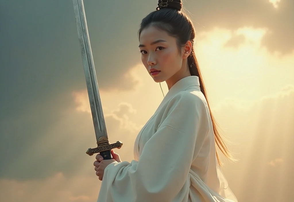 (RAW photo, best quality), (realistic, photo fidelity: 1.3), best quality, highly detailed, masterpiece, hyper-detailed, woman in white dress, black hair, breeze blowing hair, delicate face, (((((big breasts: 2.0))))), perfect breasts, bumpy figure, flowing white robe, white hanfu, holding a sword in hand, ((hand holding the sword flat pointing forward)), seven-point body, breeze, desert, ultra-wide angle, cinematic lighting effects