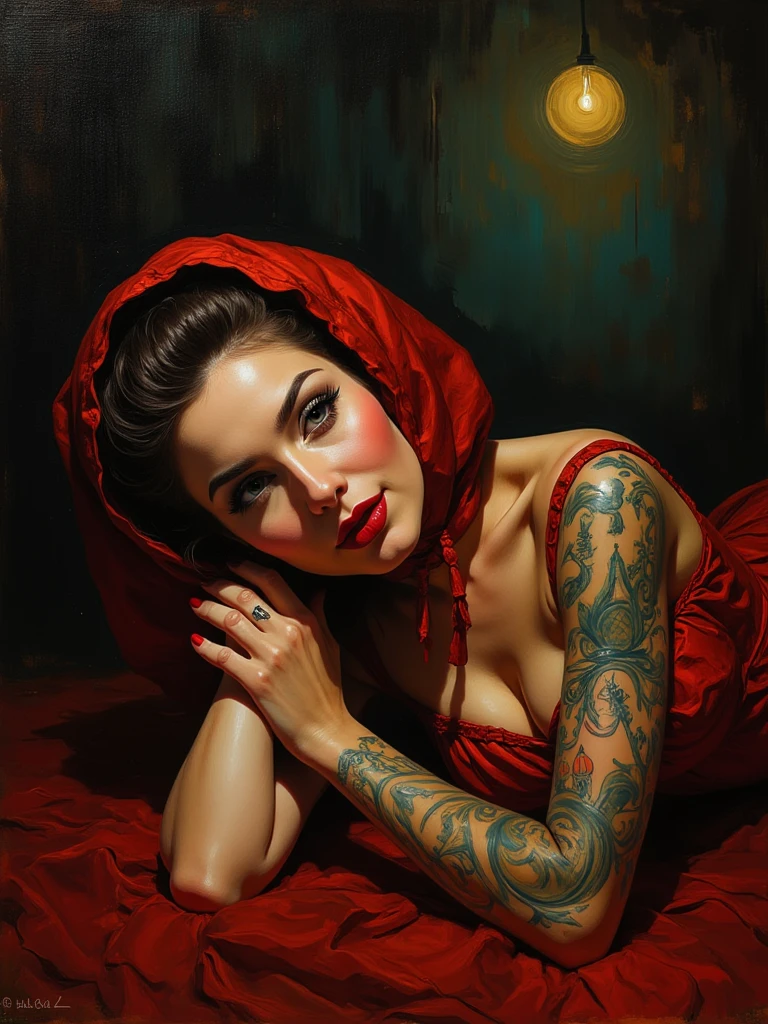 (8K, Best Quality, Masterpiece, Ultra High Definition: 1.2, Ultra Realism), wood tavern, very beautiful woman, natural delicate body, Frighted face, very detailed face, bright make-up, large detailed dragon tatooes on body, lying on a floor in a seductive vulgar pose, spread legs, moaning in pain, kitsune ears, focus on hips, bokeh, melancholy atmosphere, torn and ripped red silk panties, showing female genitalia, Large-size torned Off-shoulder shirt, See-through white ripped shirt, natural medium breasts, very detailed natural nipples, long hair, messy hair, brunette hair, bright red highlights, strikingly beautiful blue eyes with sparkles, symmetrical eyes, Dim Lights, close up shot, top view, by Greg Rutkowski, by Alphonse Mucha