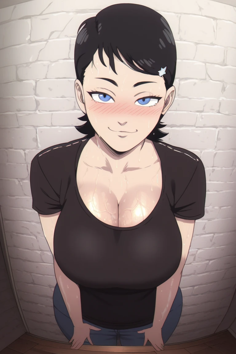 (beautiful detailed eyes, beautiful detailed hair, perfect detailed body), mikictr, 1girl, solo, black eyes, short hair, closed mouth, lipstick, blush, sagging large breasts, crop top, no bra, midriff, navel, upper body:1.5, standing, belt, blue short shorts, simple background