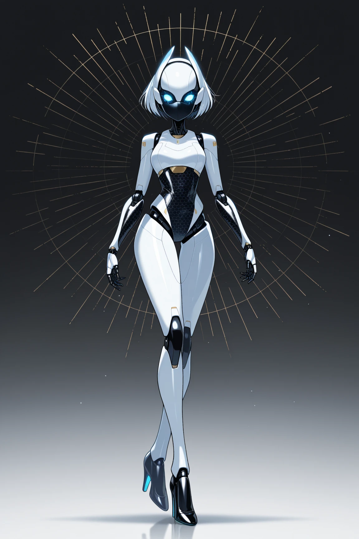 Close-up of a woman in a white suit,There is a black and white circle on it, perfect android girl, beautiful white girl cyborg, beautiful female android!, beautiful cyborg girl pinup, krenz cushart and artgerm, Cute cyborg girl, perfect anime cyborg woman, android heroine, SpiderGwen, beautiful android woman, gynoid body, beautiful female android