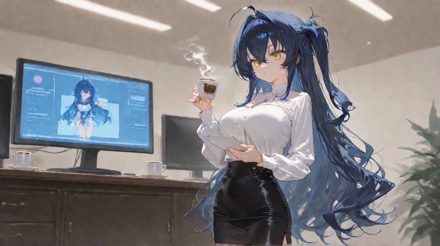 <lora:ganyu_v1:0.7> aaganyu, long hair, low ponytail, ahoge, horns, turtleneck, black bow, frills, black shirt, long sleeves, shirt tucked in, high-waist skirt, white skirt, pantyhose, office, night, dark circles, smile, coffee, coffee machine, open mouth, from below, leaning forward, masterpiece, best quality, highres, <lora:GoodHands-vanilla:1> nice hands, perfect hands