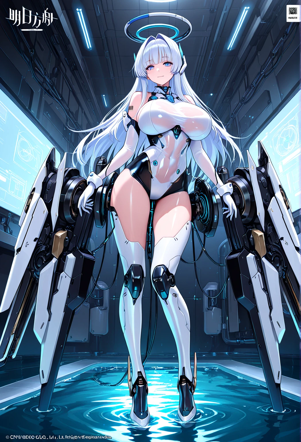 (((Masterpiece)))), (((highest quality)))), ((Ultra Definition)), (Very Detailed Photoreality), (((Very Delicate and Beautiful)), (Delicate and Pretty Face), Cinematic Light, (((1 Machine Girl)), Solo, Full Body, Big, Cleavage Is Visible Skin, White Hair, Purple Eyes, Luminous Eyes, (Mechanical Joint: 1.4), (Mechanical limbs)), (Blood vessels connected to tubes), (( Mechanical vertebrae attached to the back)), ((Cervical vertebrae of the machine) attached to the neck)), (((sitting)), expressionless, (wires and cables attached to the head and body: 1.5), (character focus), small LED lamps on the body, Evangelion, SF, metallic body, detailed neon