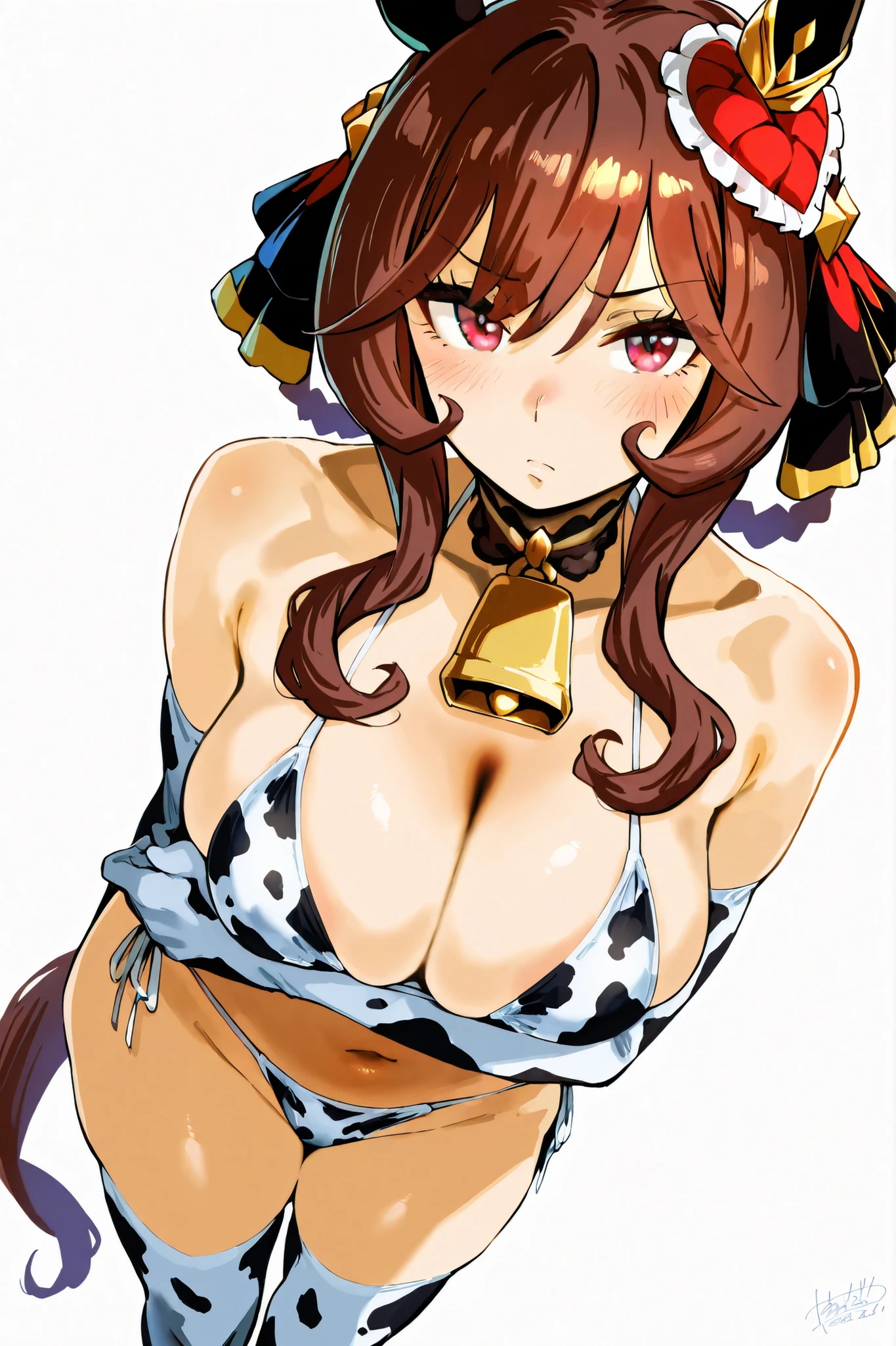 (masterpiece, best quality), 1girl,  <lora:AyaOnechanbara:0.8> AyaOnechanbara, 1girl, solo, short hair, brown hair, thighhighs, elbow gloves, hat, navel, cleavage, brown eyes, jewelry, medium breasts, panties, bikini, belt, necklace, scarf, red bra, thigh strap, single thighhigh, red bra, cowboy hat,