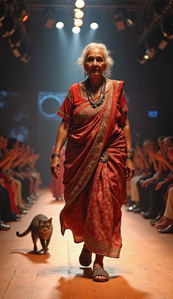 Tigress wears indian saree on ramp walk with neon green and yellow light