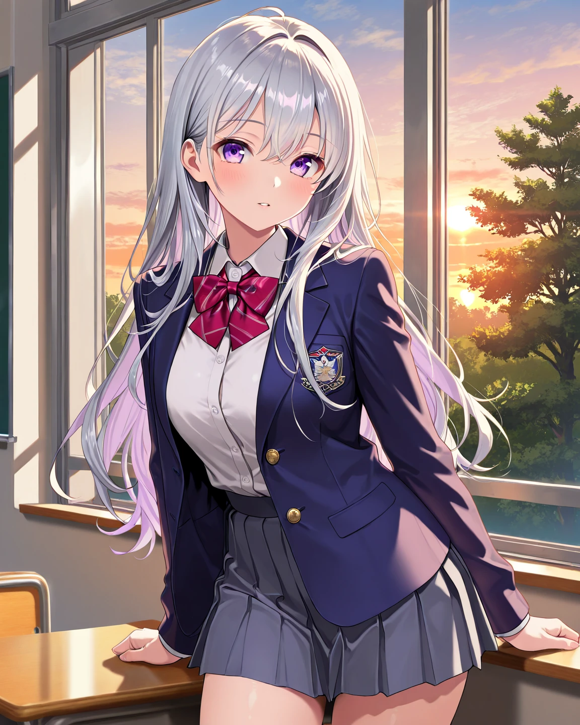 (Masterpiece、Highest quality、Very detailed、4K)、One Woman、Super short skirt、No panties、(((Alice Sakayanagi)))、((Characters from Welcome to the Classroom of the Elite))