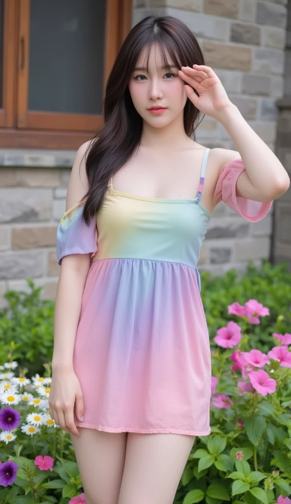 ((Top Quality, 8K, masterpiece:1.3)), (Focusing:1.2), (Perfect Body Beauty:1.4), ((delicate hair)), Highly detailed facial and skin texture, Fair eyes, Double eyelidd, Glossy skin, Sorrisos, Wearing a necklace, Glossy face, smaller face, (tits huge:1.4), 20yo, Beautiful smile, (rainbow dress:1.4), (Women's sneakers), (Famous tourist attractions in Bali, Indonesian:1.4), hair blowing in the wind,