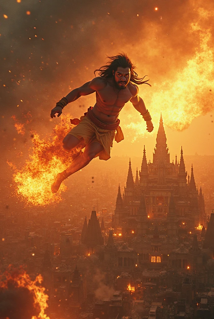 The Burning of Lanka"**: A dramatic image of Hanuman, with his tail on fire, leaping across the rooftops of the city of Lanka. Flames engulf the buildings, and smoke fills the sky. Hanuman’s expression is fierce and determined as he sets fire to Ravana’s kingdom, showcasing his power and divine mission.