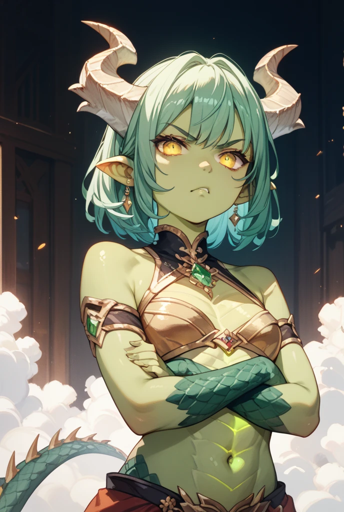 (masterpiece: 1.2, best quality), (1 loli, solo), huge breasts, (dynamic posture), (bright skin, dark green skin), demon girl, green skin, thin and lacy gloves, ( small demonic horns:1.1), (heaven), bangs, (jewelry, golden ornament:1.15 ), large pelvis,
