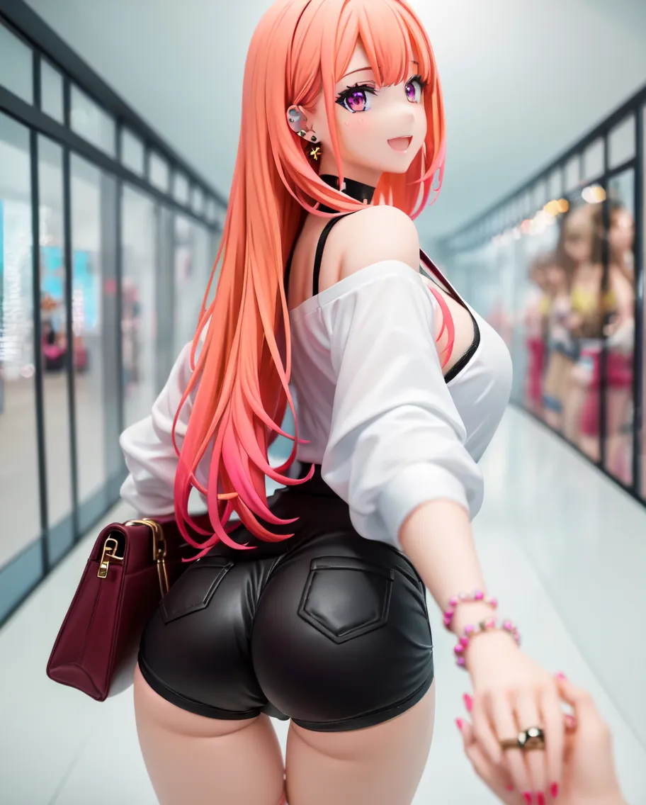 Menina Chibi,bunda grande,camisa vermelha, black pant ,olhando para costas,mostrando a bunda,coxas grandes,