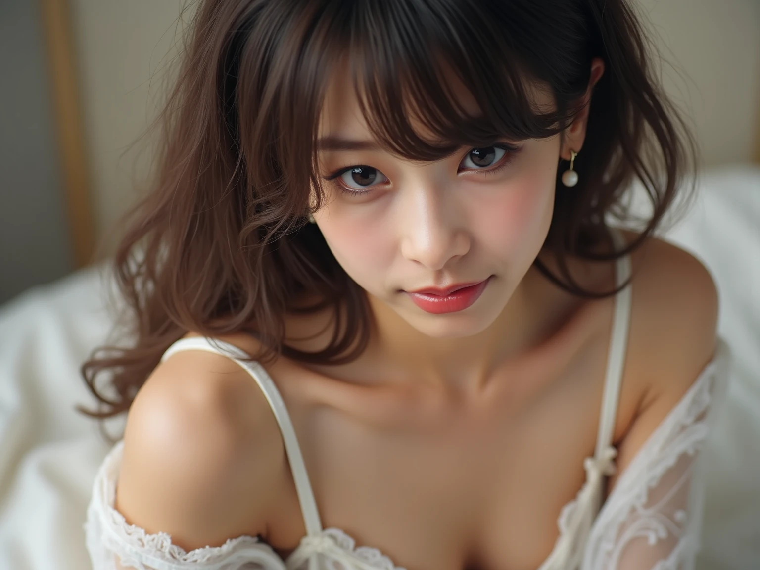 (8K, RAW Photos, Highest quality, masterpiece:1.2), inn, One girl, 3d, Asian, 前hair, just_shoulders, bow, good, chest, brown_eye, brown_hair, chestの谷間, gray_background, lips, length_hair, length_sleeve, Looking_in_Audience, Moderate_chest, belly button, nose, off_shoulder, Open_Clothes, Open_shirt, panties, Realistic, shirt, 一人in, Stomach, underwear, Take off, upper_body, white_good, white_panties, white_shirt,Shiny skin, beautiful delicine face, beautiful delicine eye ,(Realistic, photo Realistic:1),Lie down in bed