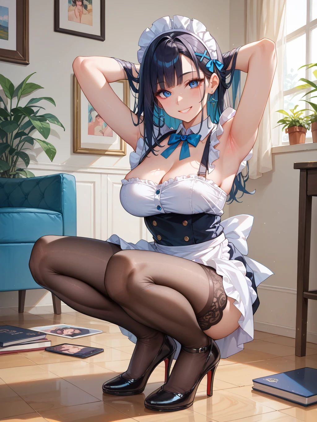 (masterpiece), best quality, expressive eyes, perfect face 1 hot anime girl, BLUE ponytail hair with skirt, Fishnet Sexy Garter Belt, big chest, nice ass, 8k