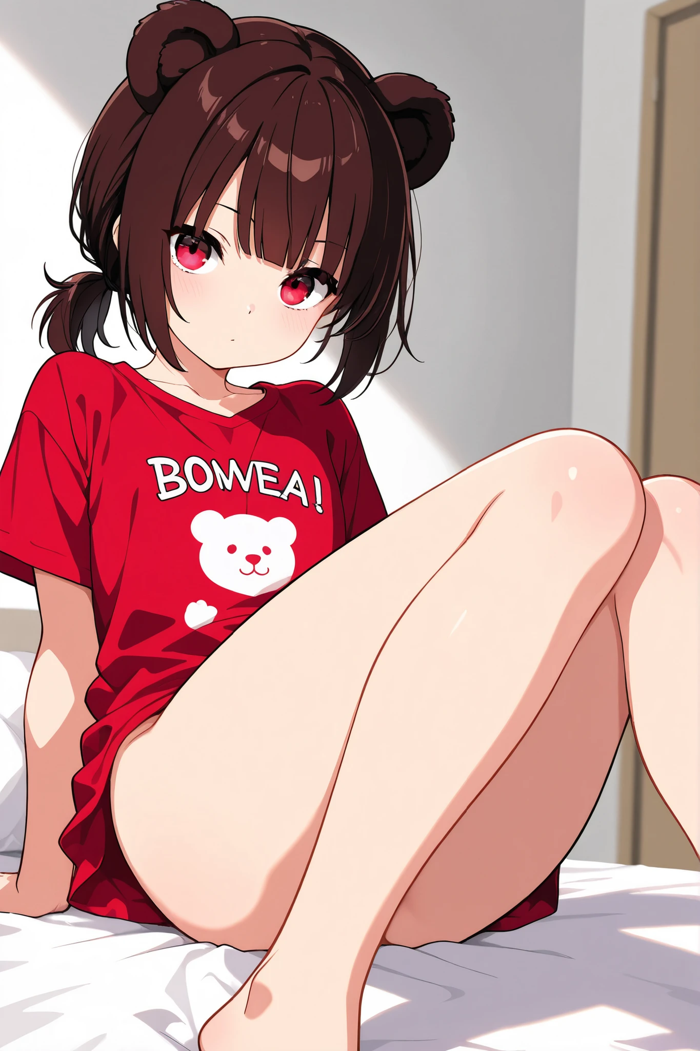 ((highest quality)), ((masterpiece)), ((detailed)), ((NSFW)), ((vaginal)), ((Sex)), ((cum in pussy)), ((Panting)), ((heart shaped pupils)), ((steam)), ((on back)), ((spread legs)), ((middle breast)), ((dark blown hair)), ((bob cut)), ((dark red eyes)), ((clothed)), ((red hoodie)), ((on the bed))