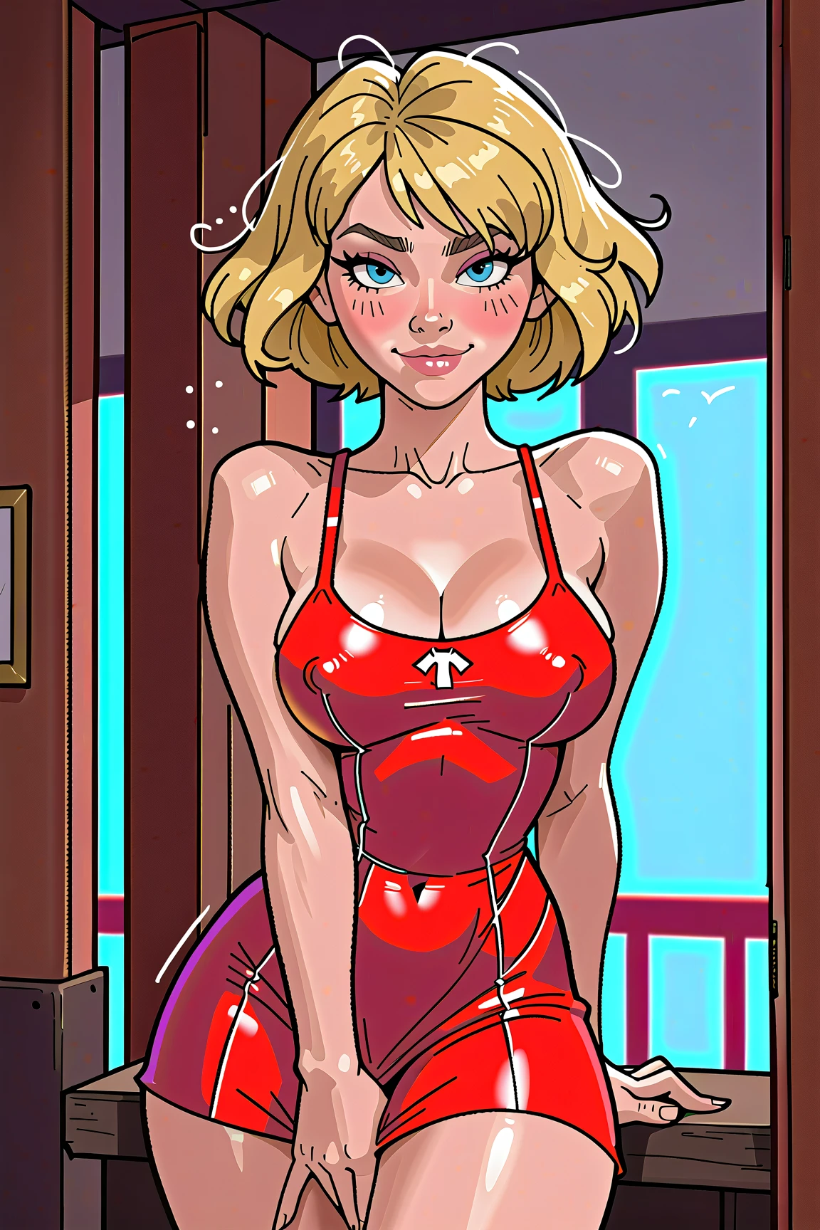 Masterpiece, perfect face, Young face, cute face, 1 blonde girl, very large blonde hair, curly hair, Black tight dress, red thong, topless, sensual pose, Glasses, smile, work, C.N.C turning Lathe , Fanuc