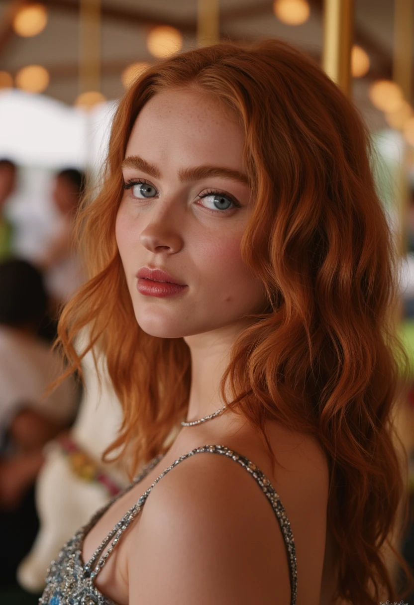 S352_AbigailCowen, in a dimly lit restaurant, classy blouse, one shoulder exposed, low light, (8k, RAW photo, best quality, depth of field, ultra high res:1.2), (intricate, photorealistic, masterpiece, ultra-detailed), dynamic lighting