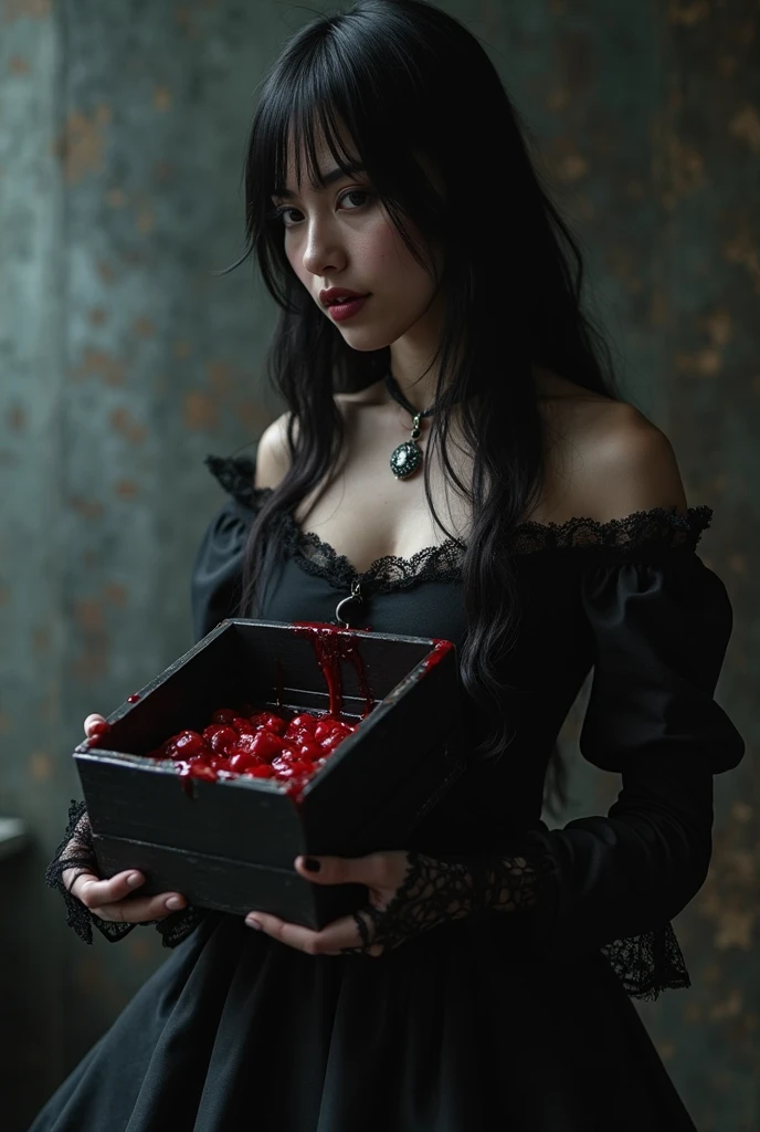 ((best quality: 0.8)), ((masterpiece)), (detailed), 1girl, beautiful face, long, brown, wavy hair, short black dress with long sleeves, black and gray striped socks, black boots , passionate lips, light blush, big breasts, beautiful red eyes, fair skin, skull tattoo, beautiful smile, (glowing eyes: 1.4), (blood face), NSFW