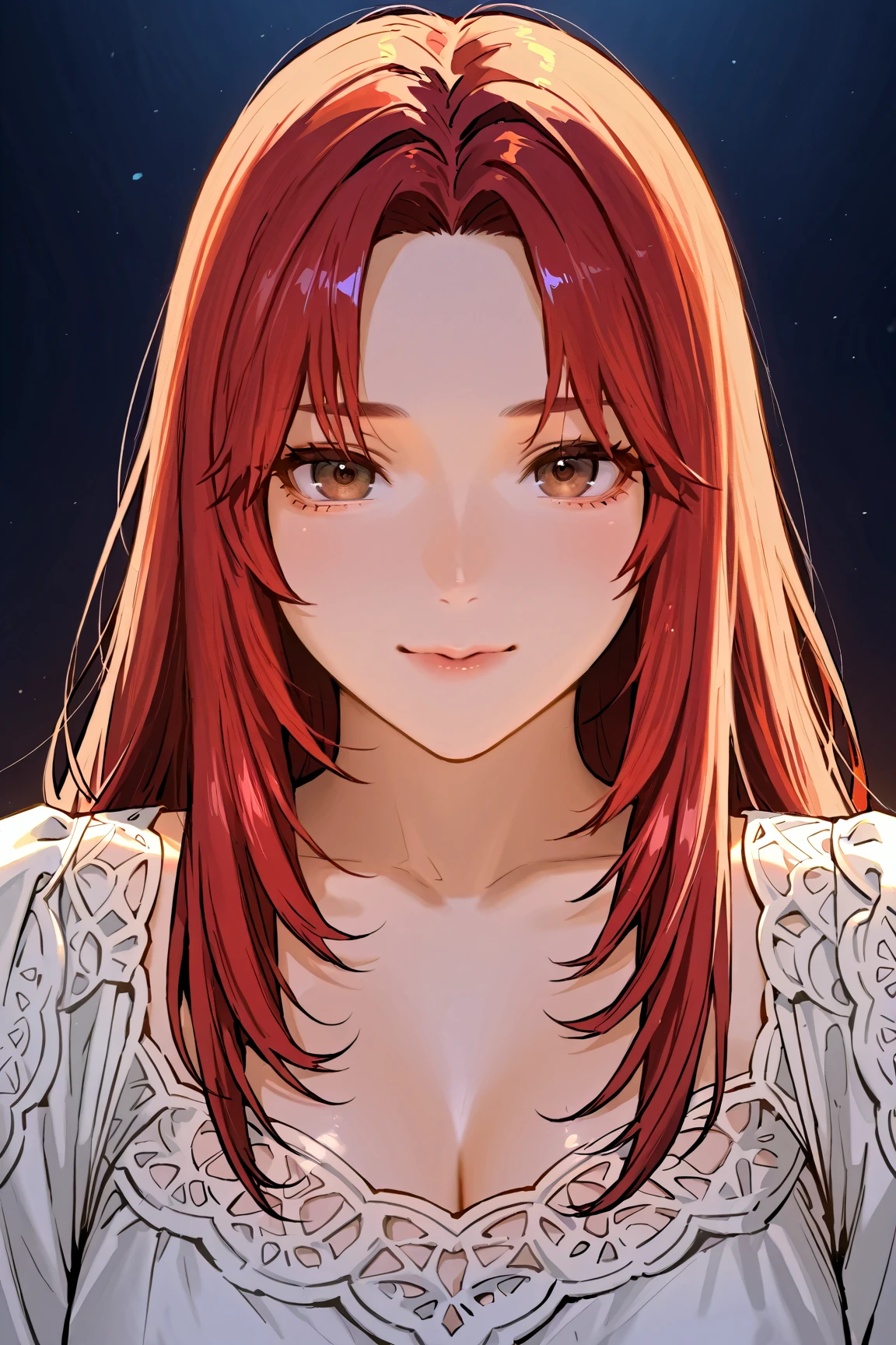 [white skin woman:1.2, long  curly hair:1.2, elegant red dress, snub nose, shiny brown eyes], portraite, filtro VSCO: C8) naked