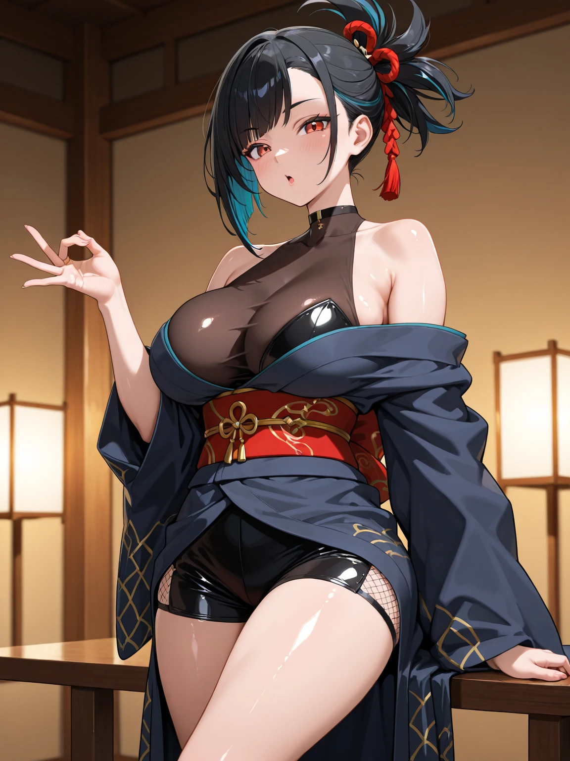 (((masterpiece))), 4k res, highly detailed, (((extremely detailed eyes))), detailed background, cinematic lighting, crystal clear eyes, high quality, highres, ultra-detailed, 8k, best quality, 1girl, solo, shadow, backlighting, light particles, Thick Eyelashes, Wide Sleeve, thick thighs, (masterpiece:1.3), (the best quality:1.2), (super fine illustrations:1.2), (Masterpiece), high quality, high detail,(SOLO:1.4),((round image)), 1girl, kamisato ayaka, smile, blush, closed mouth, thick, medium breasts, traditional japanese house, from above, fingerless gloves, thick thighs, cowboy shot, crossed arms,