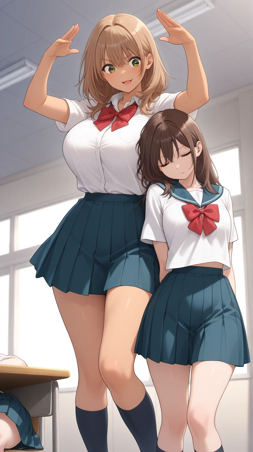 (2girls:1.5), (height_difference:1.5), (size_difference:1.2), (giantess:1.1), they are looking at each other, a giantess looking down at a tiny woman under her breasts, a giantess looming over a tiny woman under her breasts, (yuri:1.3), serafuku, girls bedroom, (adult woman: 1.1), (mature woman: 1.1), (yuri:1.1), looking at another, naked, cleavage, navel, underboob